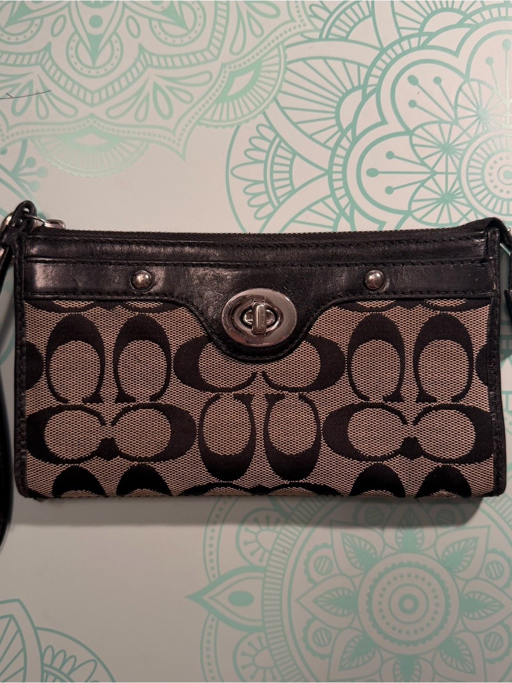 Coach Brown & Black Signature Canvas Wristlet with Turnlock